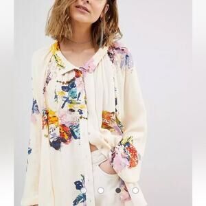 Free People Meadow Lark Blouse Button Front Shirt Cream Floral Long Sleeve XS